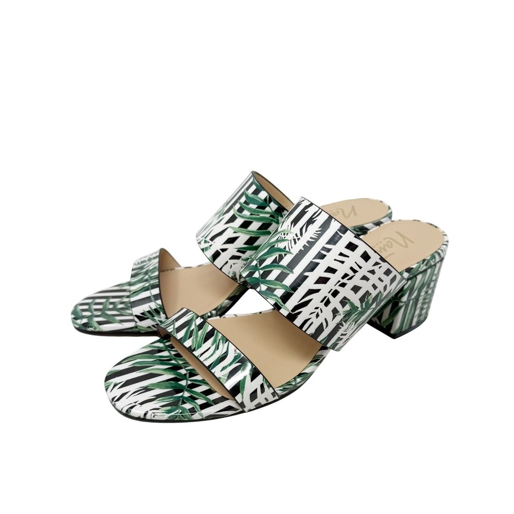 Nanette Lapore Remi Open Toe Block‎ Heel Green Palm  Leaf Stripes Sandal 8